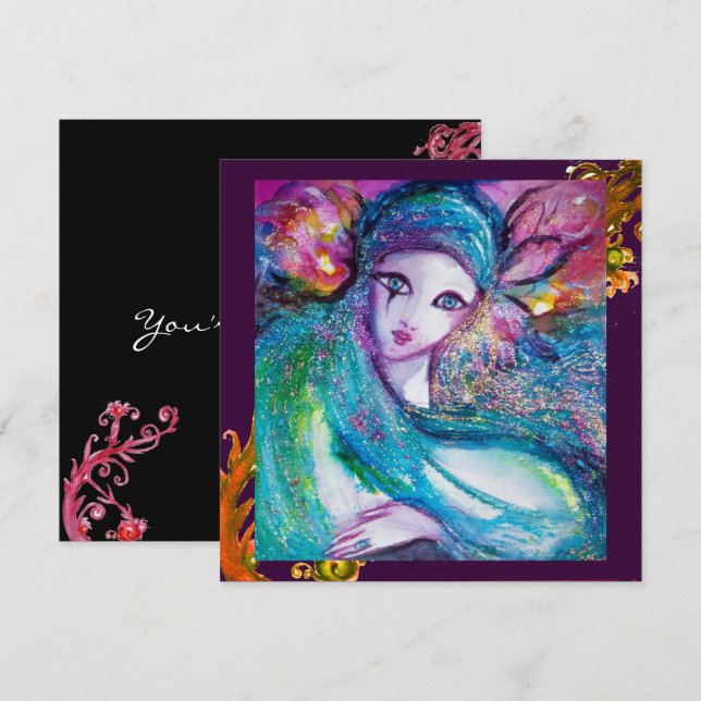 Invitation MASQUE LADY BLUE Tourbillons rouges jaunes Fête ma (Devant / Derrière)