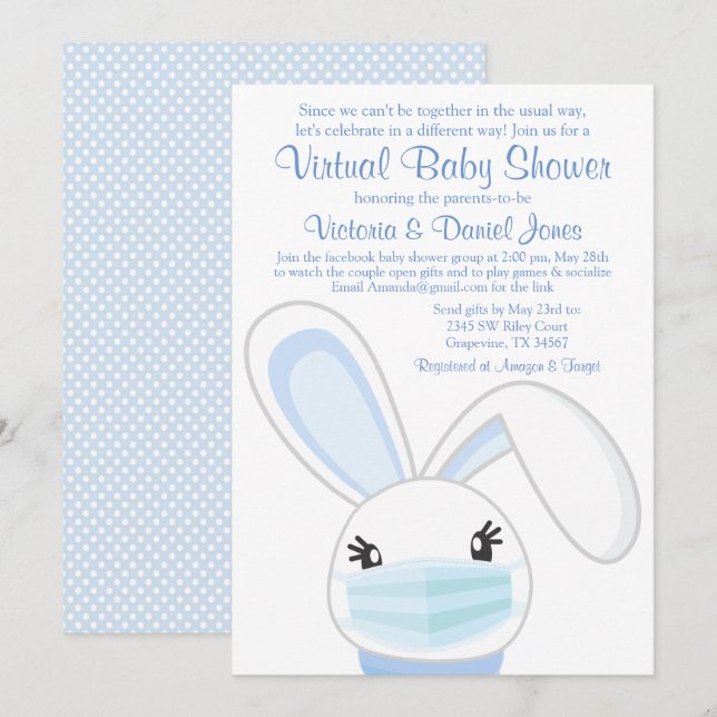 Invitation Masque lapin garçon Masque lapin Baby shower virtu (Devant / Derrière)