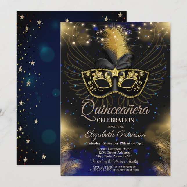 Invitation Masque, Lumières à cordes, Étoiles Blue Quinceañer (Devant / Derrière)
