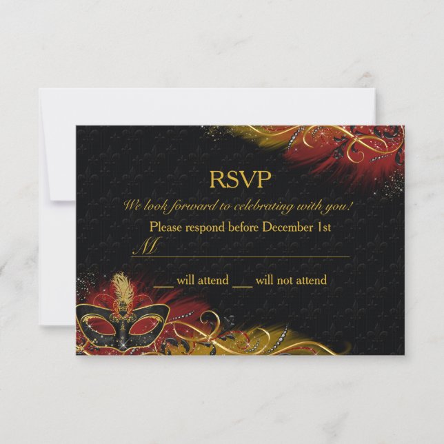 Invitation Masque Mascarade de fleur rouge et or RSVP (Devant)
