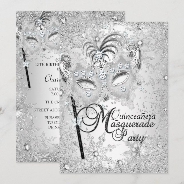 Invitation Masque Mascarade de flocon de neige en argent Quin (Devant / Derrière)