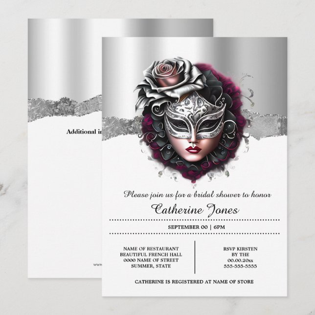 Invitation Masque mascarade femme bordeaux argent carnaval (Devant / Derrière)