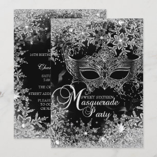 Invitation Masque Mascarade Flacon Noir Argent Sweet 16