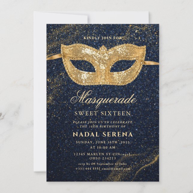 Invitation masque mascarade or Sweet 16 (Devant)