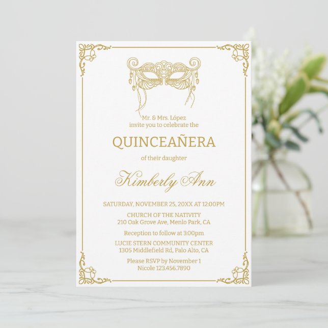 Invitation Masque masqué or quinceanera (Debout devant)