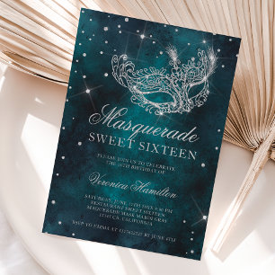 Invitation Masque masqué parties scintillant argent turquoise