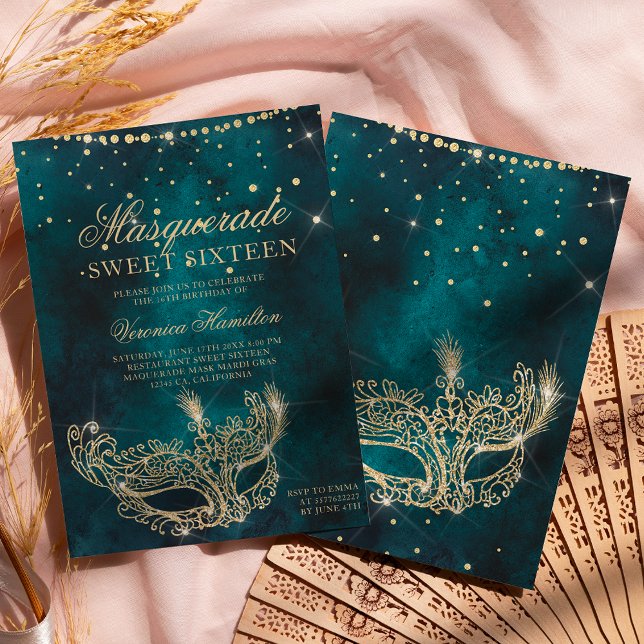 Invitation Masque masqué turquoise or parties scintillant Swe (Créateur téléchargé)