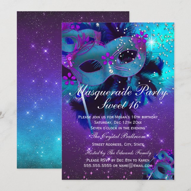 Invitation masqué Masquerade en fleur violet turqu (Devant / Derrière)