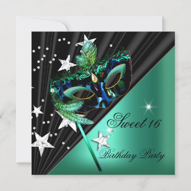 Invitation Masque noir sweet sixteen 16 Jade Vert (Devant)