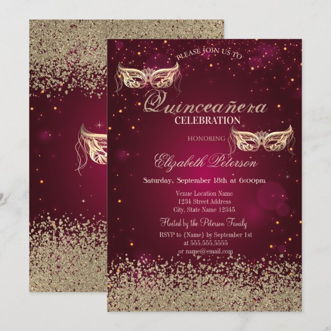 Invitation Masque or Diamants Masque Rouge Quinceañera (Devant / Derrière)