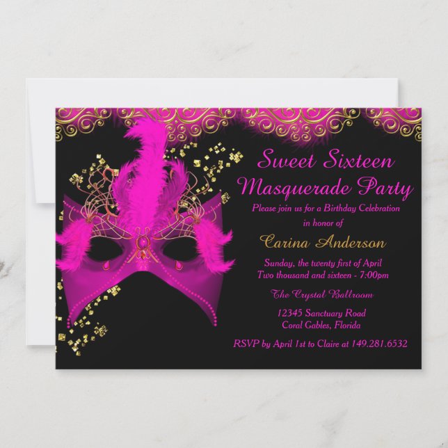 Invitation Masque or rose Masquerade Sweet 16 Anniversaire (Devant)