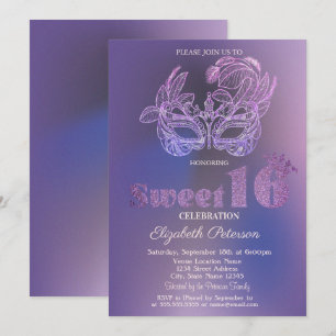 Invitation Masque Pailleté Violet Douce 16