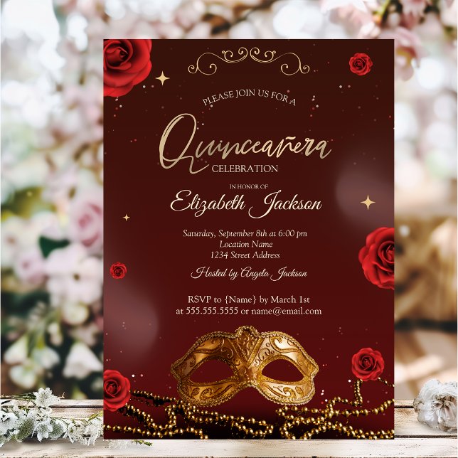Invitation Masque Perles Roses Bourgogne Quinceanera (Créateur téléchargé)