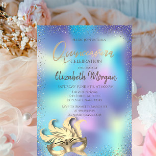 Invitation Masque, points Confetti Holographique Quinceañera