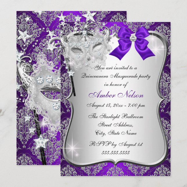 Invitation Masque pourpre Damask Masque Quinceanera Masquerad (Devant / Derrière)