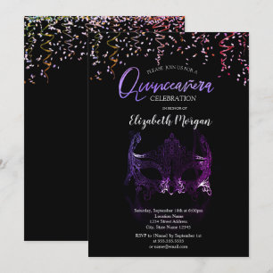 Invitation Masque pourpre, Masquise Confetti Quinceañera