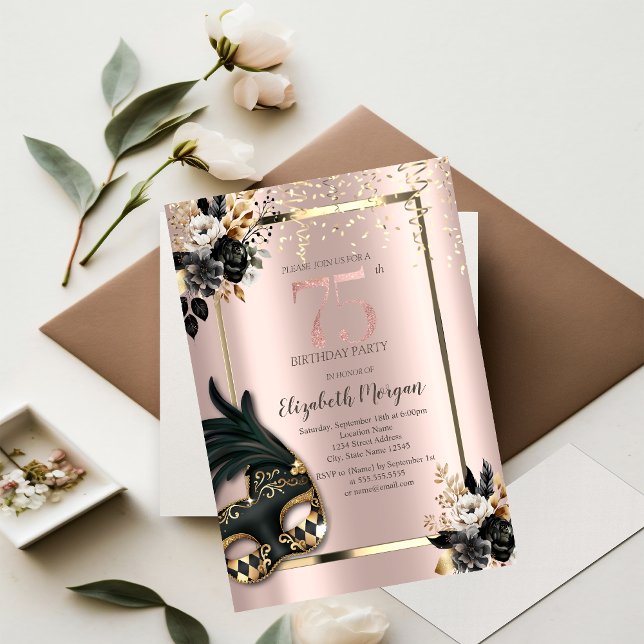 Invitation Masque Rose noir Confetti Rose Gold 75e (Créateur téléchargé)