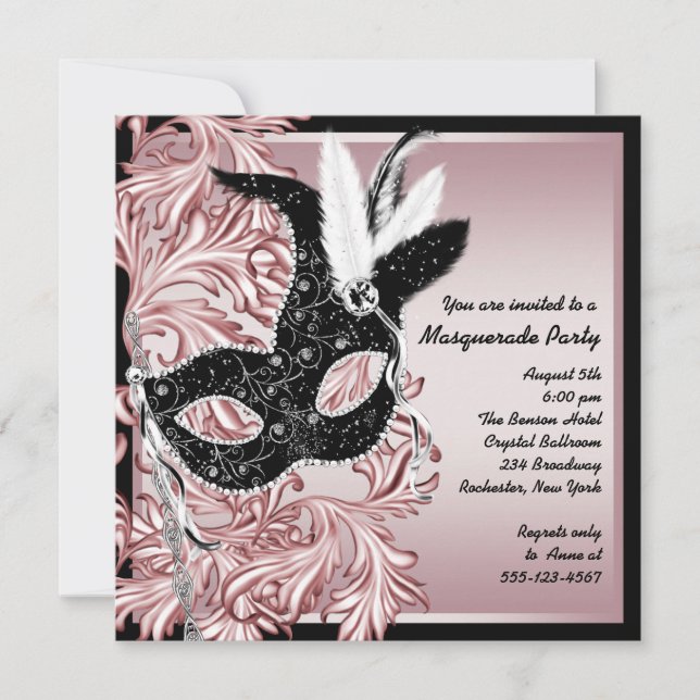 Invitation Masque rose noir rose Noir rose Fête Mascarade (Devant)