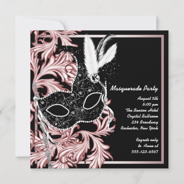 Invitation Masque rose noir rose Noir rose Fête Mascarade (Devant)