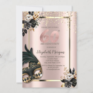Invitation Masque Roses Noires Confettis Rose Gold 60ème