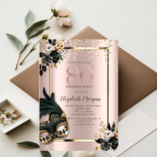Invitation Masque Roses Noires Confettis Rose Gold 80ème