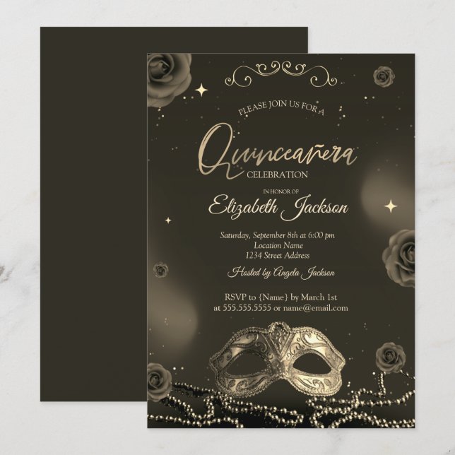 Invitation Masque Roses Perles Gris Quinceanera  (Devant / Derrière)