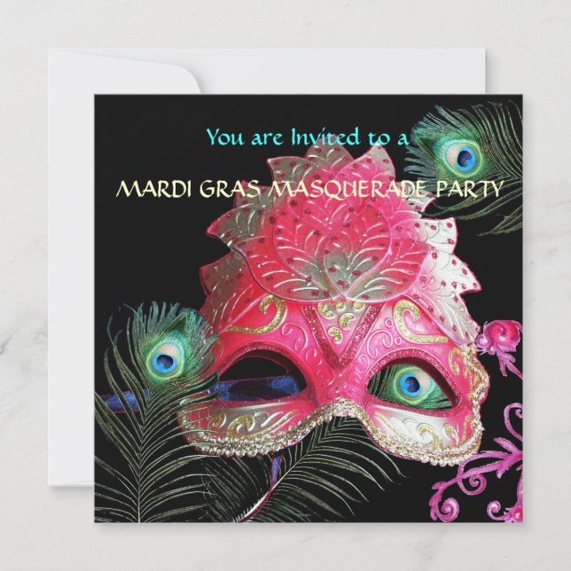 INVITATION MASQUE ROUGE AVEC FÊTE DE PAON MASQUERADE (Devant)
