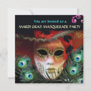 INVITATION MASQUE ROUGE AVEC PLUMES DE PAON POUR FÊTE COSTUMÉ
