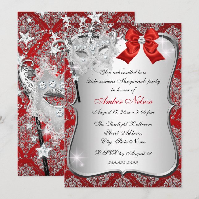 Invitation Masque rouge Damask Masque Quinceanera Masquerade  (Devant / Derrière)