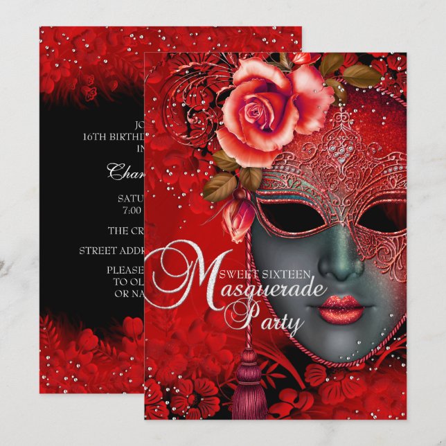 Invitation Masque rouge étincelant Masquerade Sweet 16 Invita (Devant / Derrière)