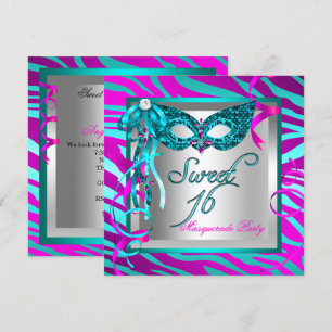 Invitation Masque Sweet 16 Seize Ans Foncé Turquoise Zèbre
