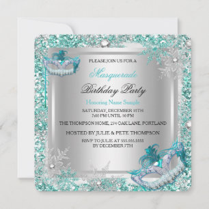 Invitation Masque Teal Argent Flocons de Neige Masques Fête