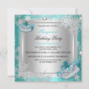 Invitation Masque Teal Bleu Argent Flocons de Neige Masques F