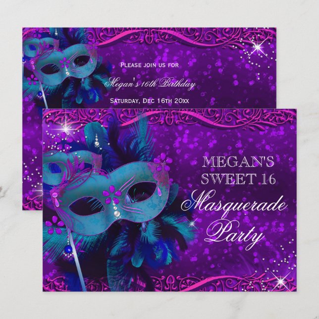 Invitation Masque turquoise en plumes violettes Masquerade Sw (Devant / Derrière)