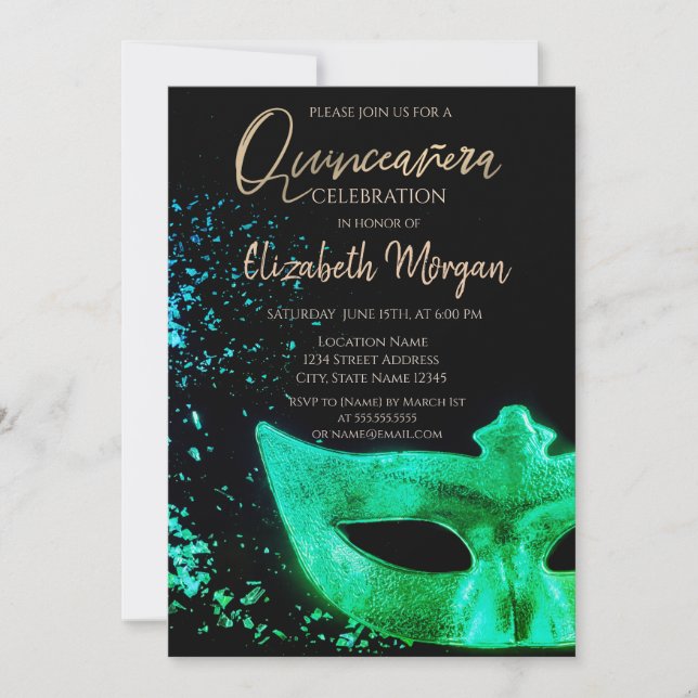 Invitation Masque Vert, Confetti Quinceañera (Devant)