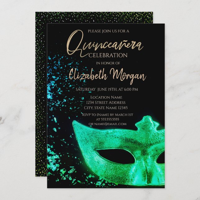 Invitation Masque Vert, Confetti Quinceañera (Devant / Derrière)