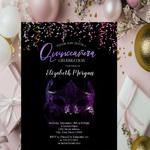 Invitation Masque violet, Confettis Mascarade Quinceañera