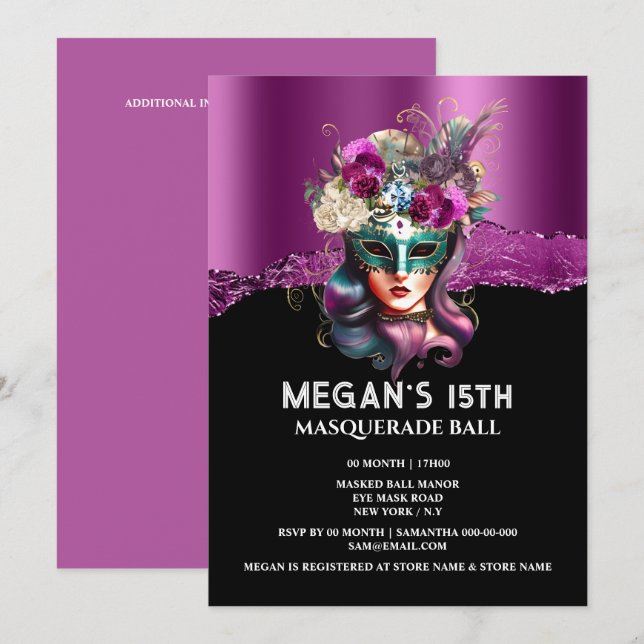 Invitation Masque visage noir violet masque rose glam (Devant / Derrière)