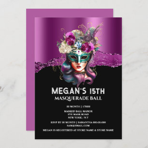 Invitation Masque visage noir violet masque rose glam