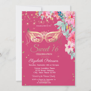 Invitation Masquer, Diamants Fleurs de Printemps Sweet 16