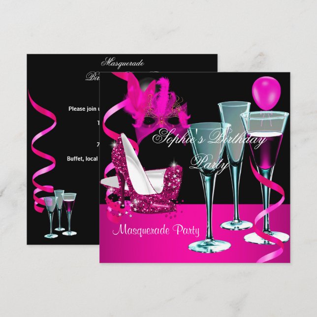 Invitation Masquerade Anniversaire Soirée Vin Rose Stiletto (Devant / Derrière)