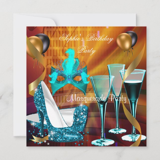 Invitation Masquerade Anniversaire Vin Turquoise Or Stiletto  (Devant)