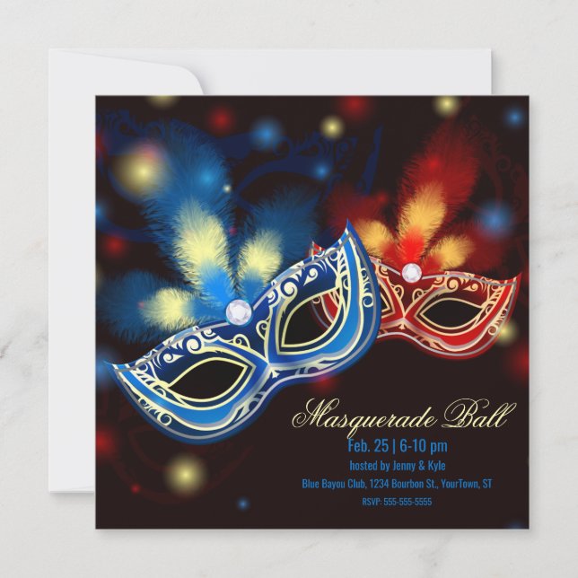 Invitation Masquerade B Rouge et Bleu Élégant (Devant)