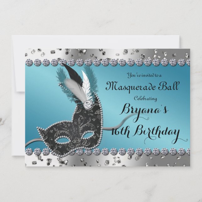 Invitation Masquerade Ball Argent et Blue Party (Devant)