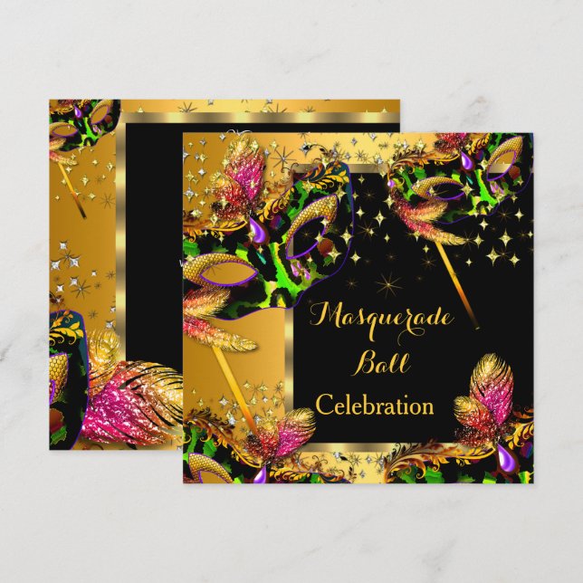 Invitation Masquerade Ball Fête Masquée Gold (Devant / Derrière)
