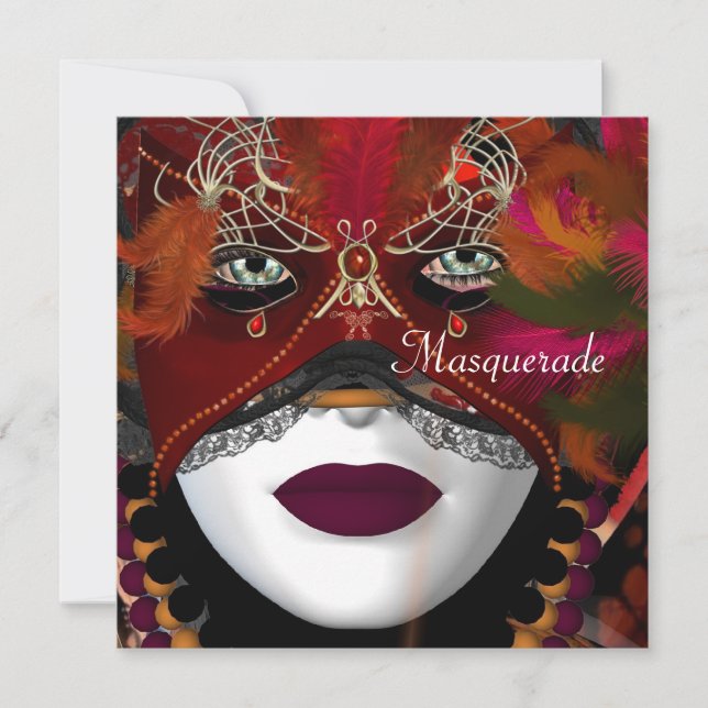 Invitation Masquerade Ball Party Masque Noir Rouge 2 (Devant)