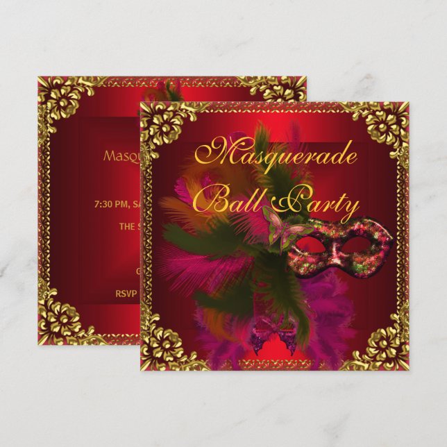 Invitation Masquerade Ball Party Masques Or Deep Red (Devant / Derrière)