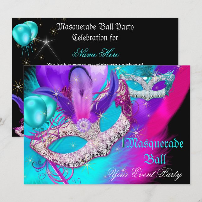 Invitation Masquerade Ball Party Masques Purple Turquoise ble (Devant / Derrière)