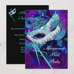 Invitation Masquerade Ball Party Turquoise Bleu Purple Masque