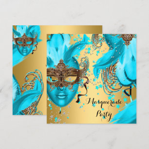 Invitation Masquerade Ball Party Turquoise Blue Masques Or 3